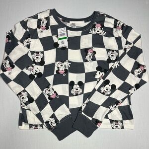 Disney Women’s Checkered Mickey & Minnie Cropped Shirt - Gray and White